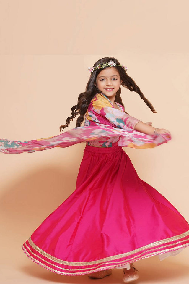 Girl's Pink Floral Printed Silk Lehenga