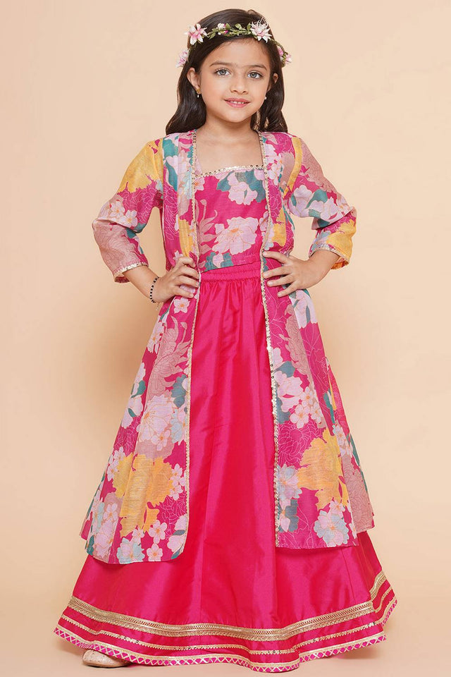 Girl's Pink Floral Printed Silk Lehenga
