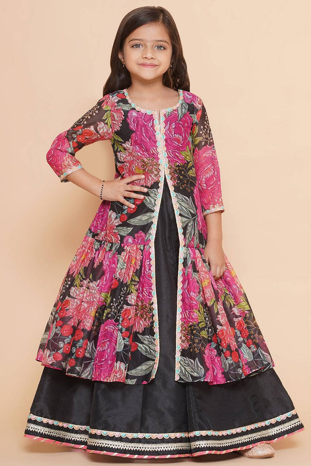 Girl's Black Floral Printed Silk Lehenga