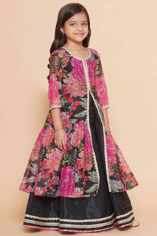Girl's Black Floral Printed Silk Lehenga
