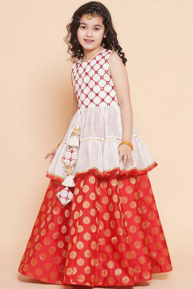 Girl's Red Woven Silk Lehenga