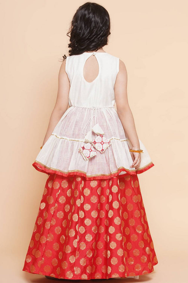 Girl's Red Woven Silk Lehenga