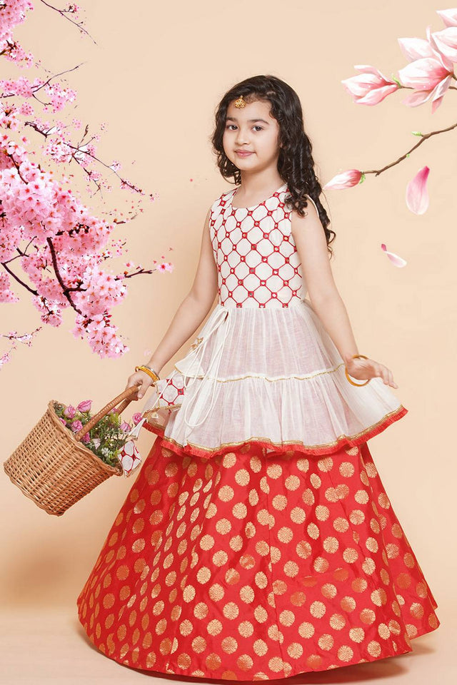 Girl's Red Woven Silk Lehenga
