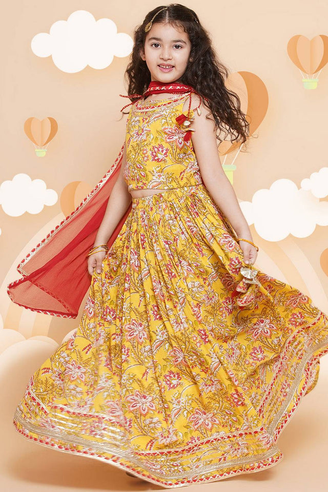 Girl's Yellow Floral Printed Cotton Lehenga