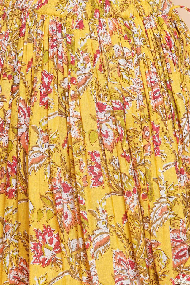 Girl's Yellow Floral Printed Cotton Lehenga
