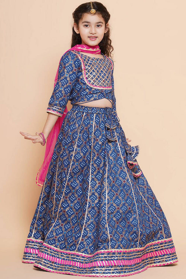 Girl's Blue Bandhani Printed Cotton Lehenga