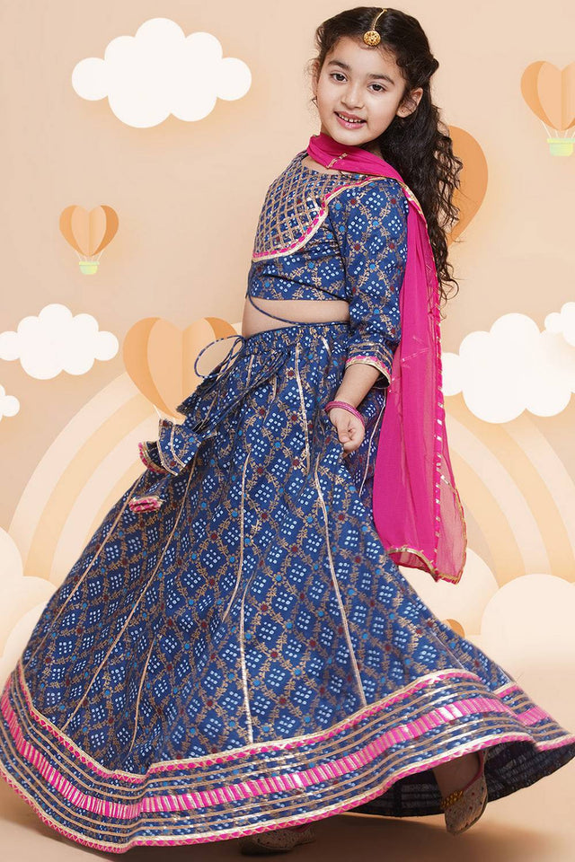 Girl's Blue Bandhani Printed Cotton Lehenga
