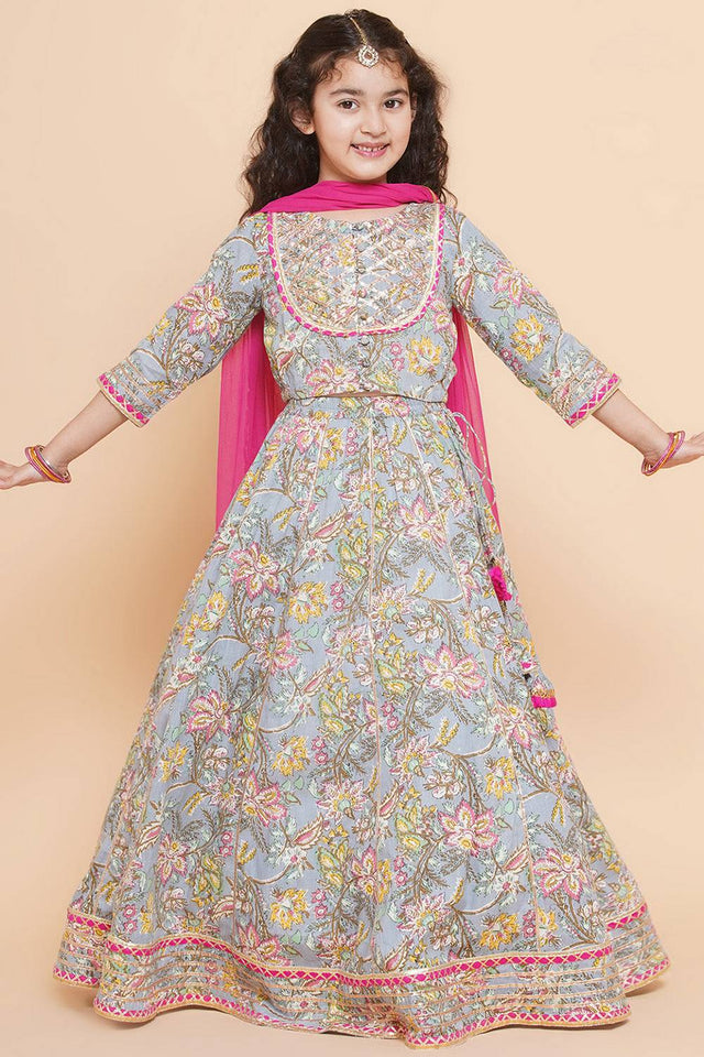 Girl's Blue Floral Printed Cotton Lehenga