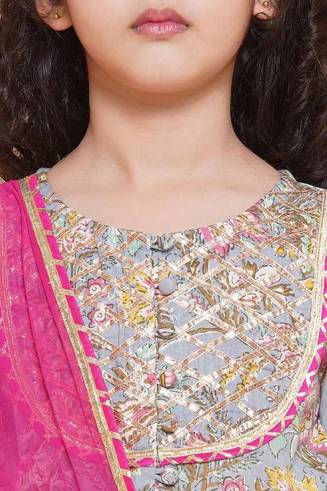 Girl's Blue Floral Printed Cotton Lehenga