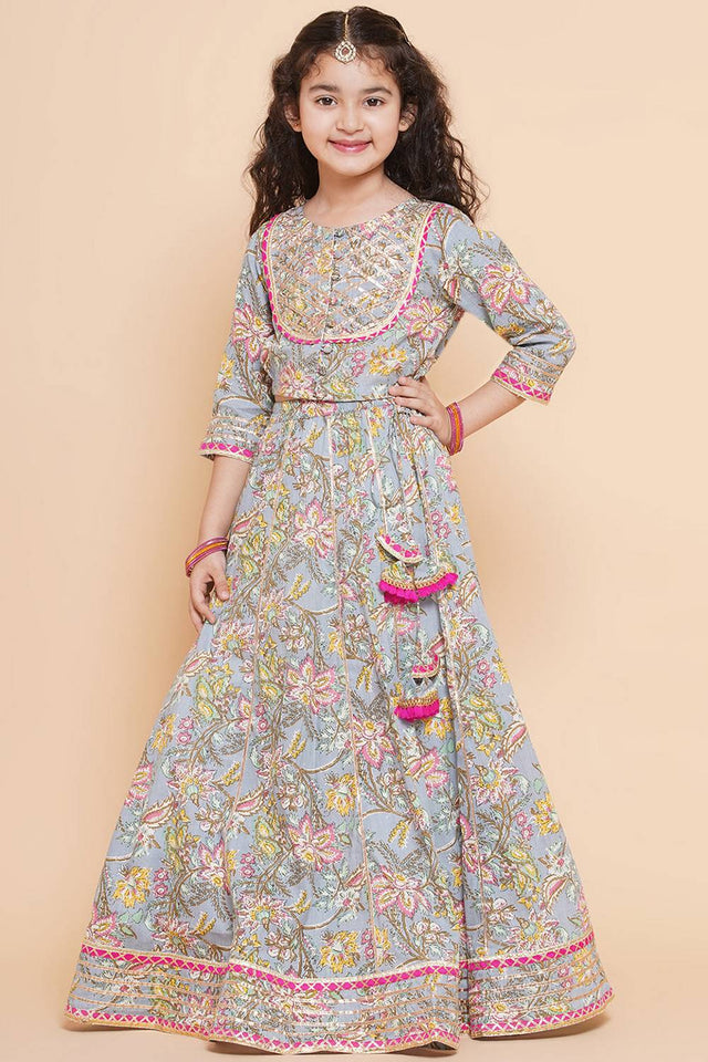 Girl's Blue Floral Printed Cotton Lehenga