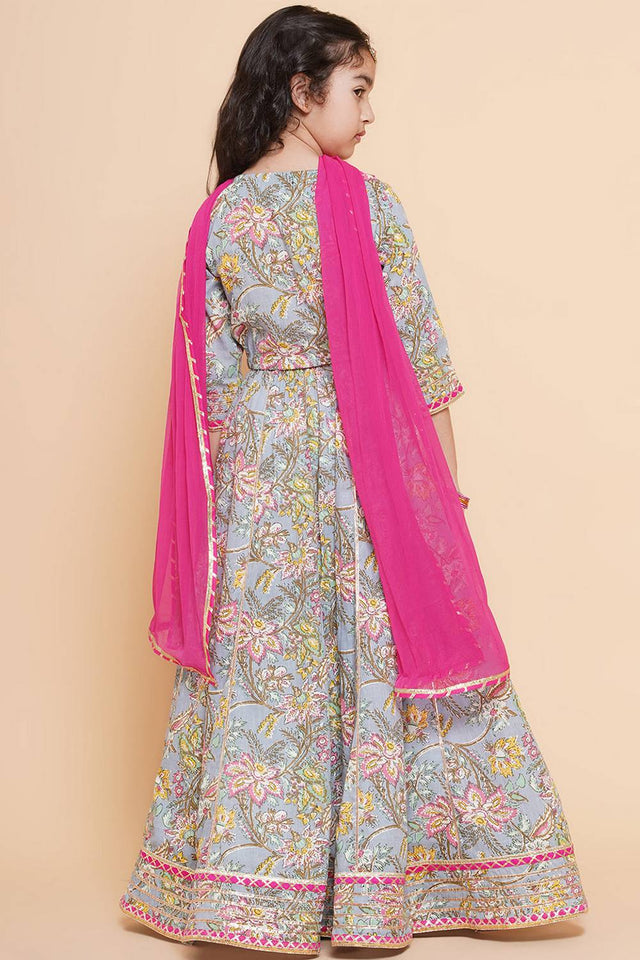 Girl's Blue Floral Printed Cotton Lehenga