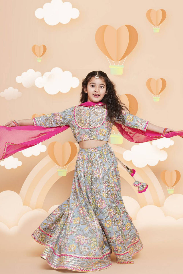 Girl's Blue Floral Printed Cotton Lehenga