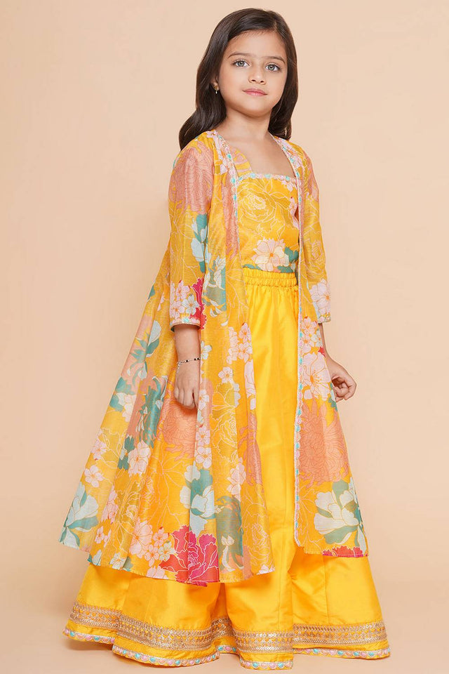 Girl's Yellow Floral Printed Silk Lehenga