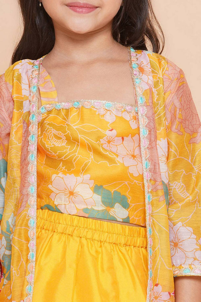 Girl's Yellow Floral Printed Silk Lehenga