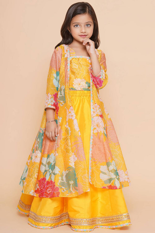 Girl's Yellow Floral Printed Silk Lehenga