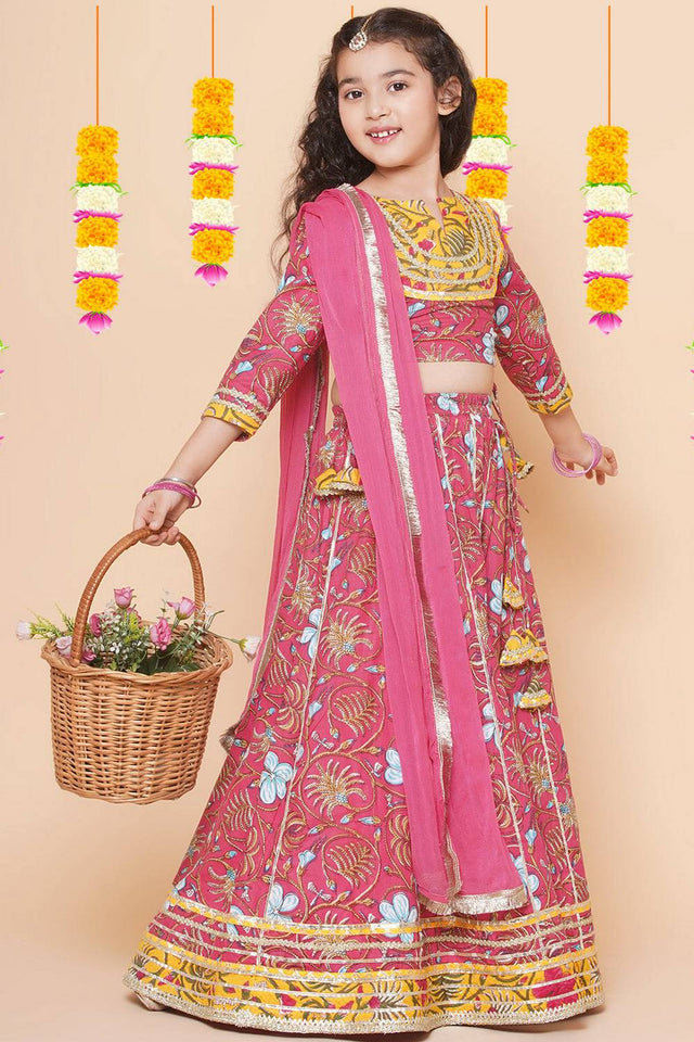 Girl's Pink Floral Printed Cotton Lehenga