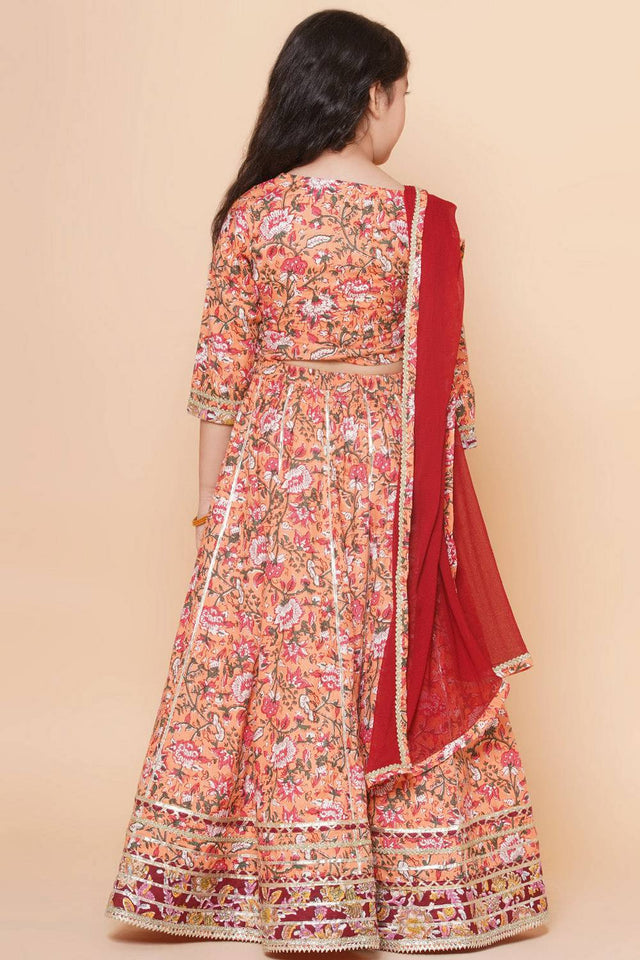 Girl's Peach Ethnic Motifs Printed Cotton Lehenga