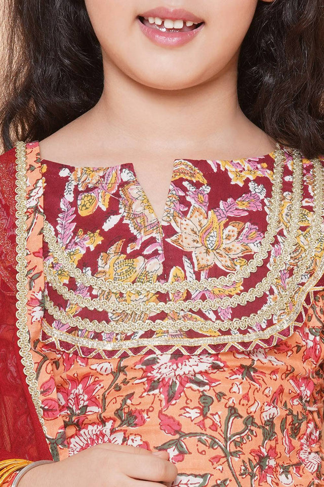 Girl's Peach Ethnic Motifs Printed Cotton Lehenga