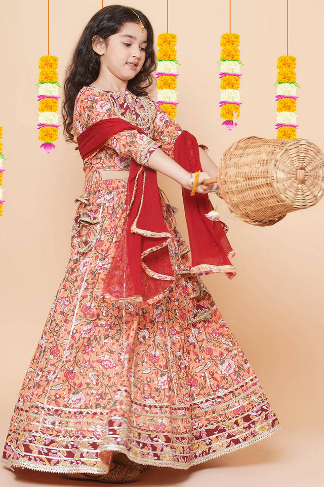 Girl's Peach Ethnic Motifs Printed Cotton Lehenga