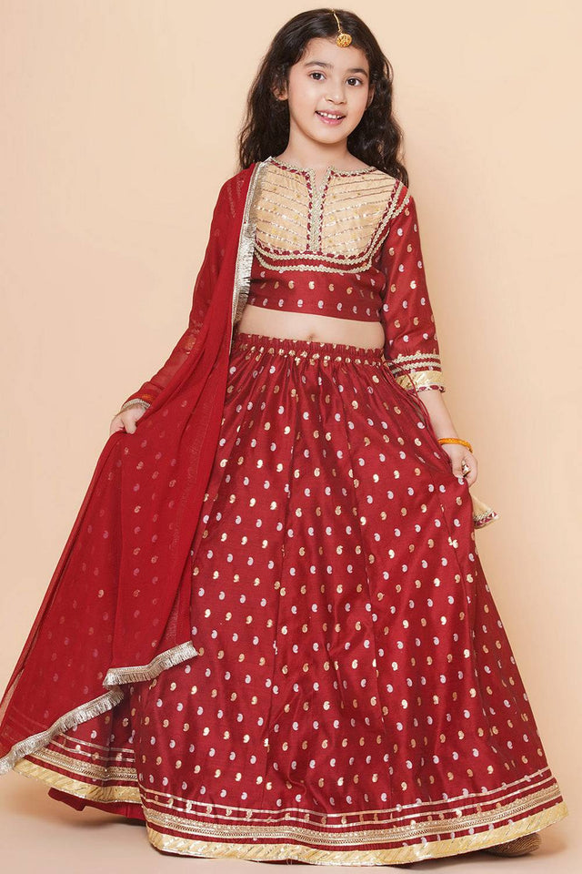 Girl's Maroon Jacquard Cotton Lehenga