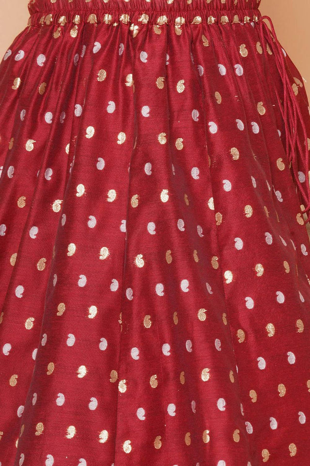 Girl's Maroon Jacquard Cotton Lehenga
