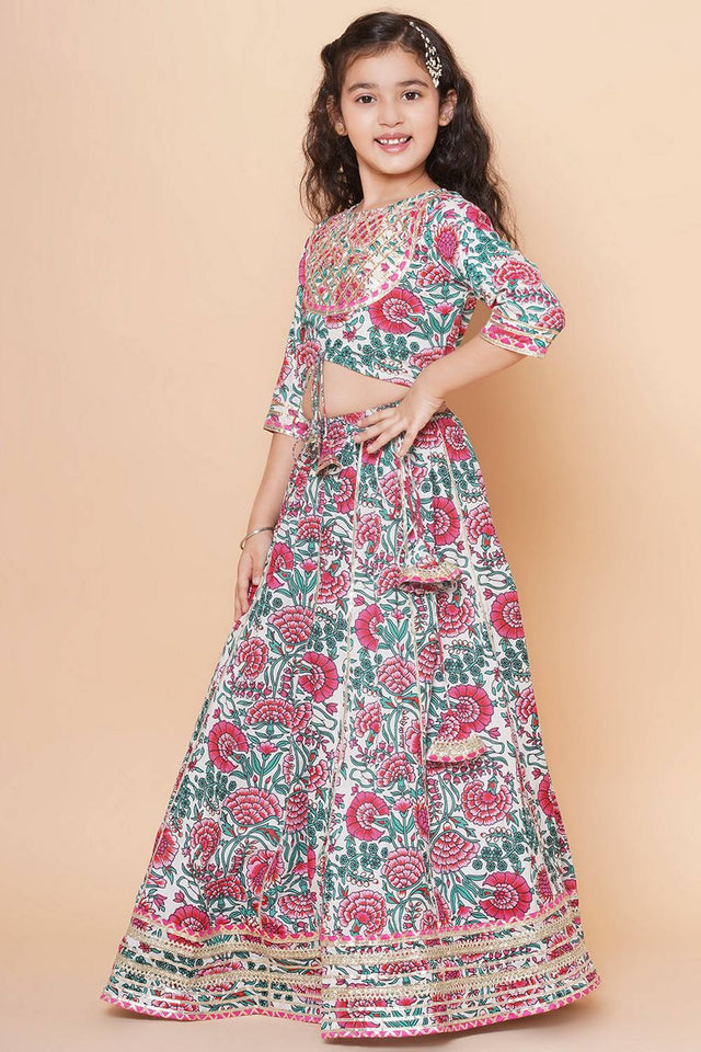 Girl's White Floral Printed Cotton Lehenga