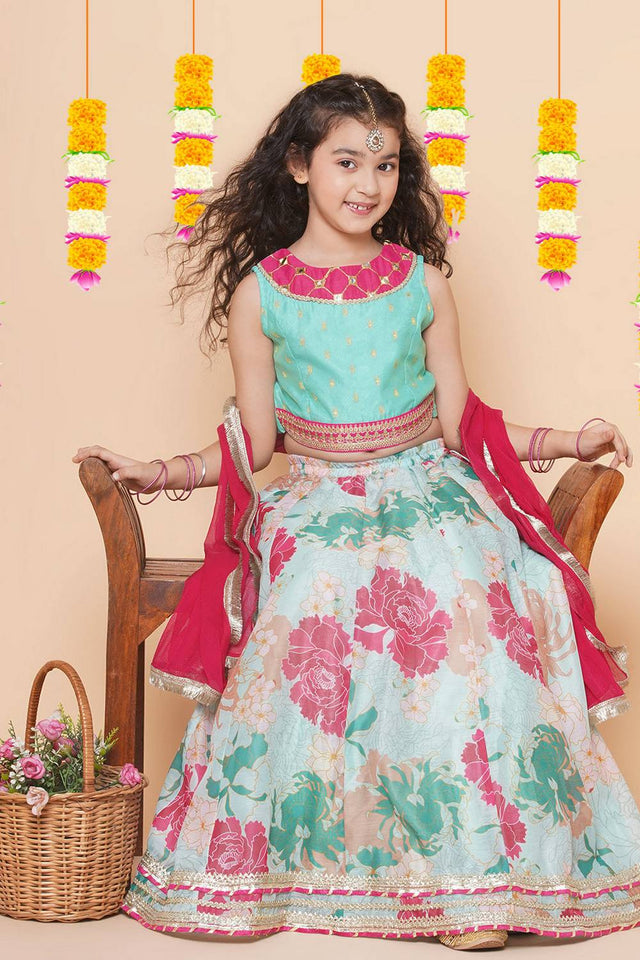 Girl's Green Floral Printed Silk Lehenga