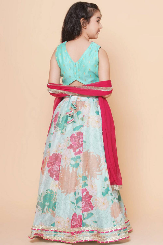 Girl's Green Floral Printed Silk Lehenga