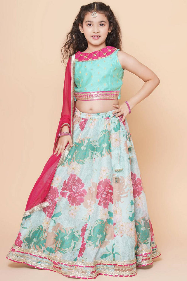 Girl's Green Floral Printed Silk Lehenga