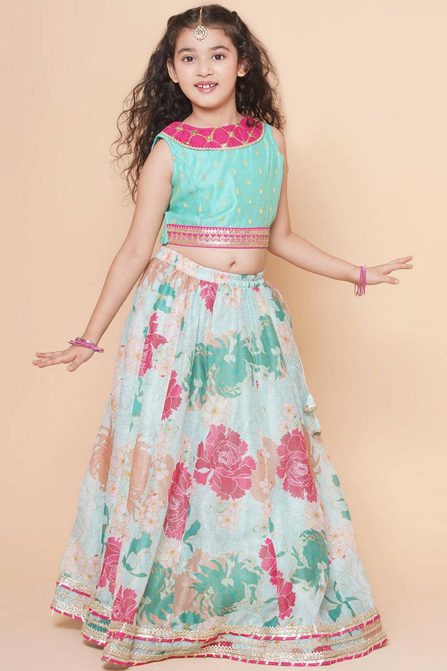 Girl's Green Floral Printed Silk Lehenga