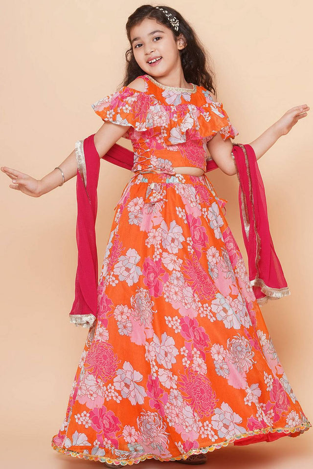 Girl's Orange Floral Printed Silk Lehenga