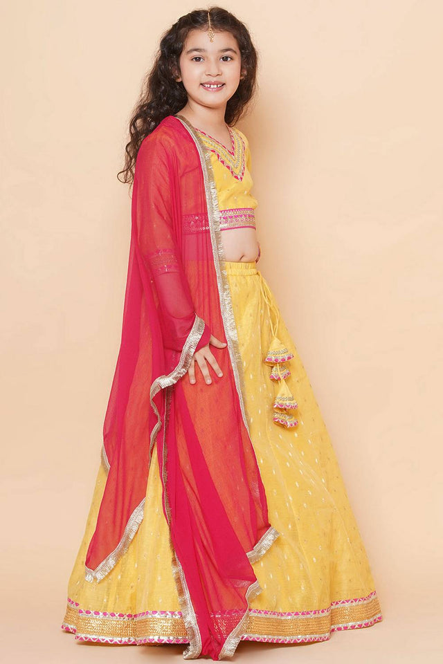 Girl's Yellow Woven Silk Lehenga