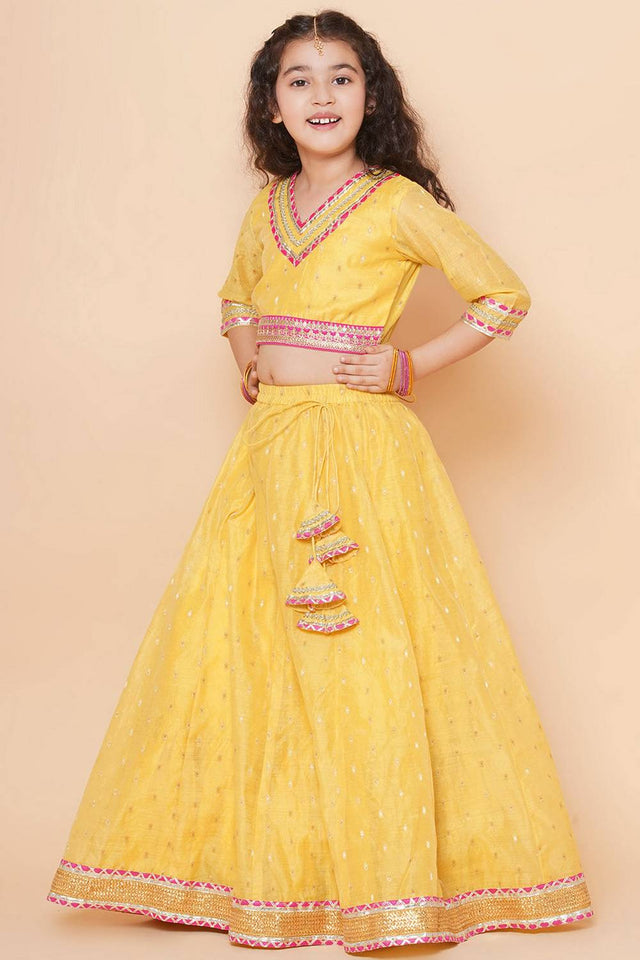 Girl's Yellow Woven Silk Lehenga