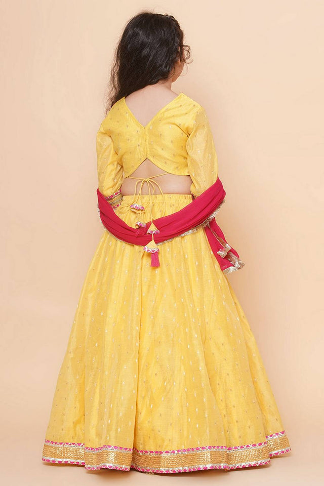 Girl's Yellow Woven Silk Lehenga