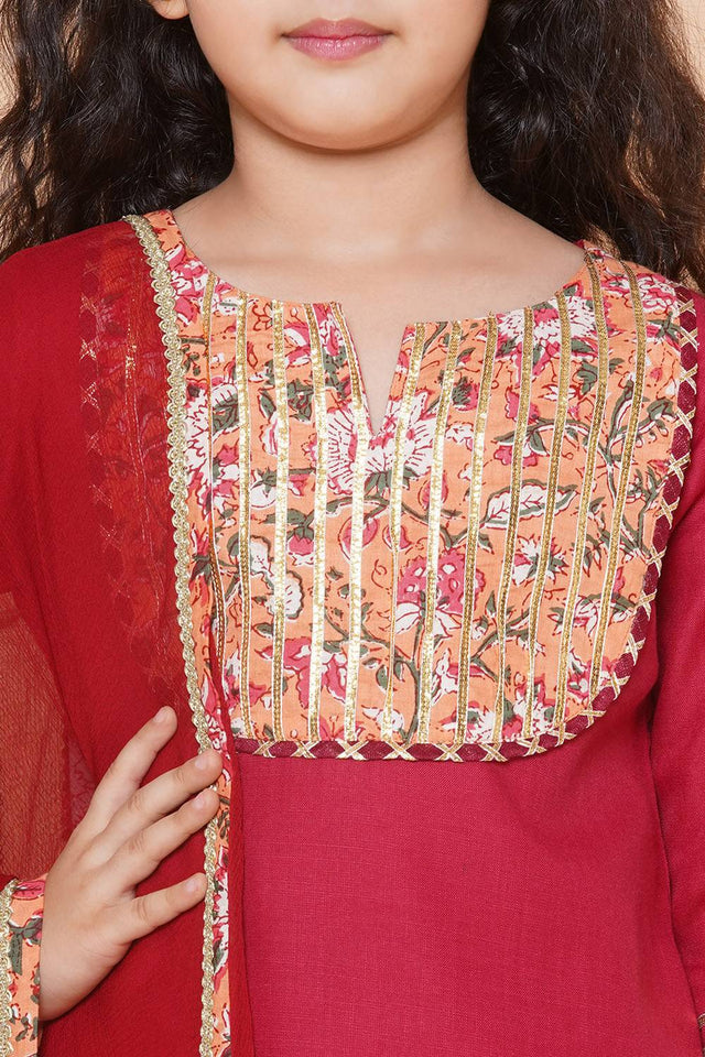 Girl's Maroon Lace Work Cotton Lehenga