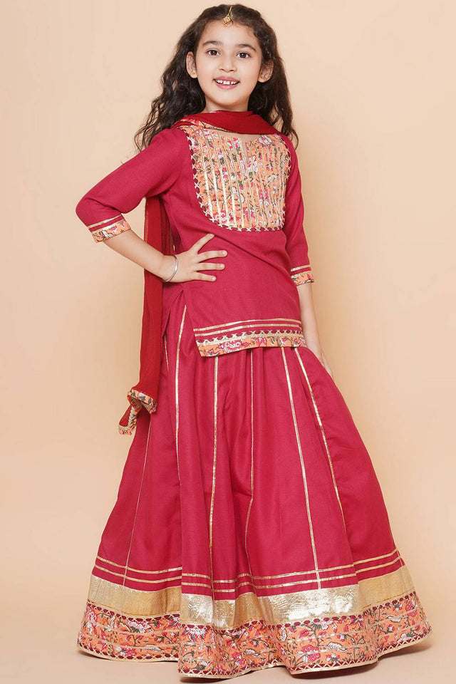 Girl's Maroon Lace Work Cotton Lehenga