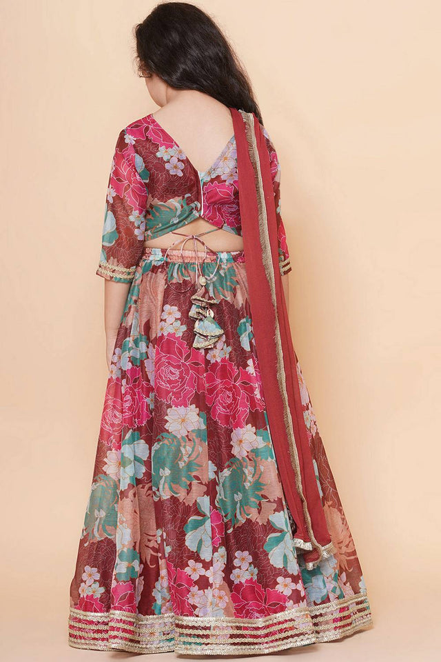 Girl's Maroon Floral Printed Silk Lehenga