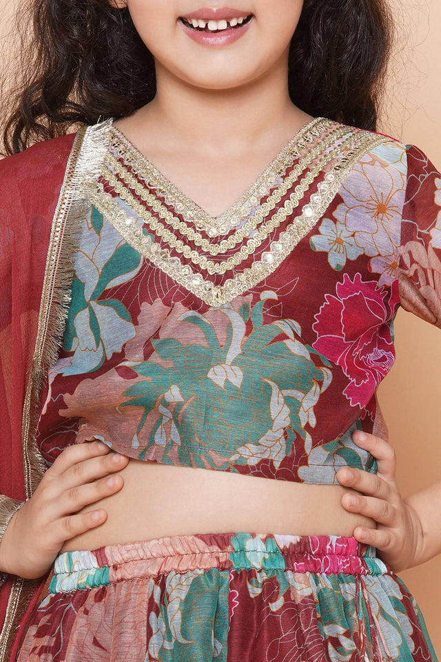 Girl's Maroon Floral Printed Silk Lehenga