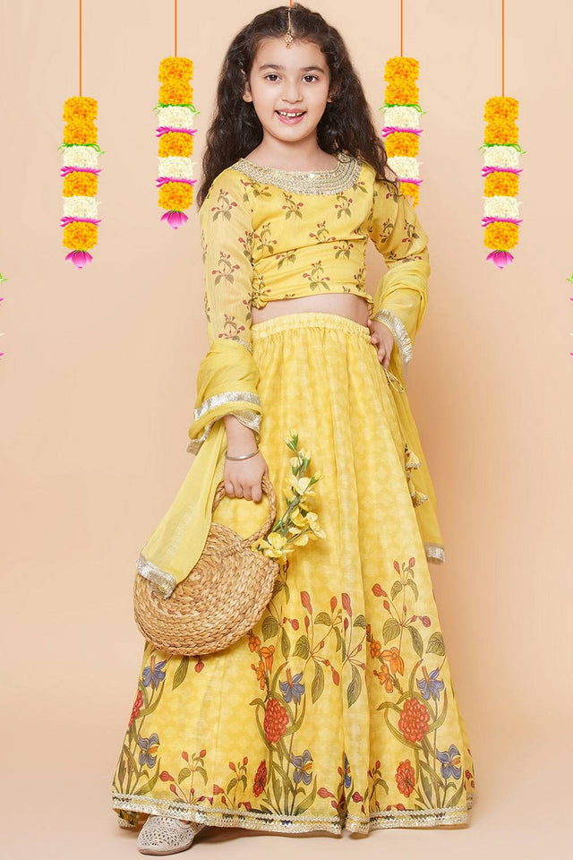 Girl's Yellow Floral Printed Silk Lehenga