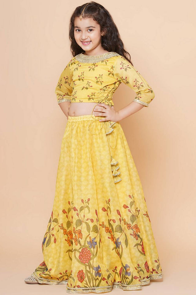 Girl's Yellow Floral Printed Silk Lehenga