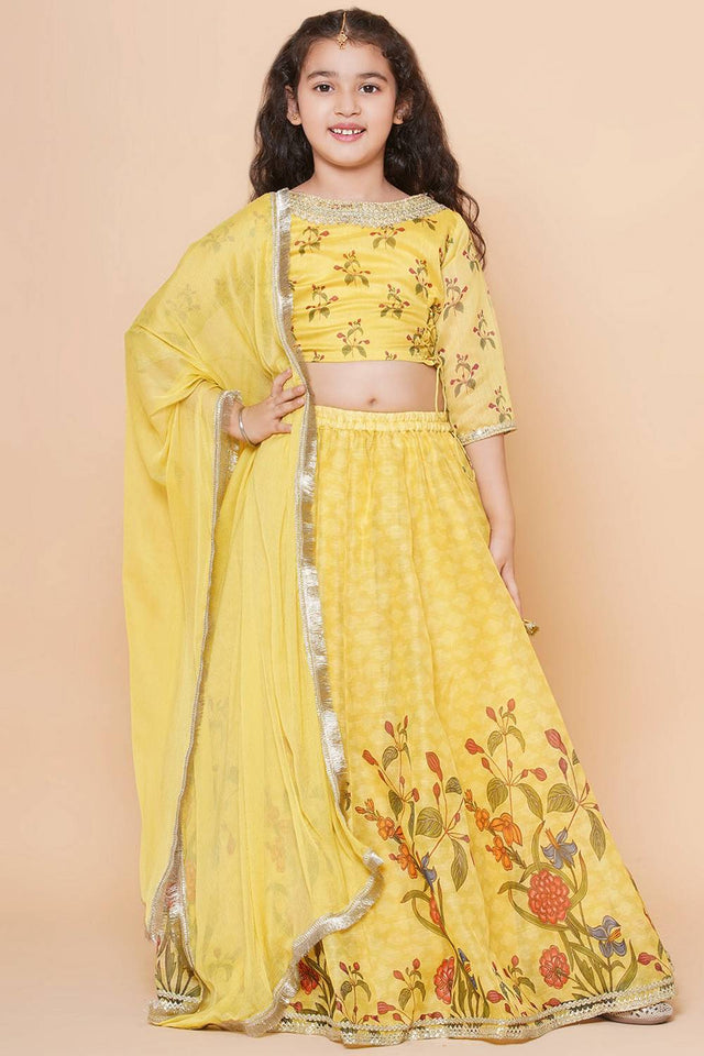 Girl's Yellow Floral Printed Silk Lehenga