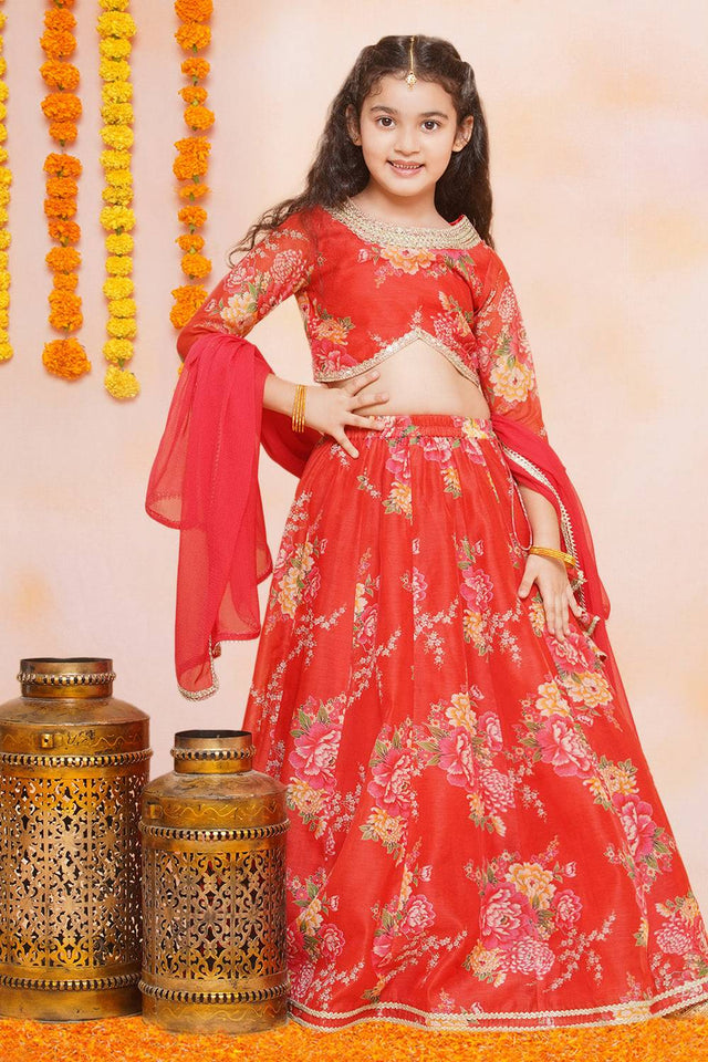 Girl's Red Floral Printed Silk Lehenga