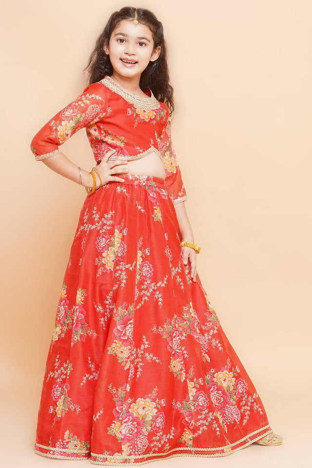 Girl's Red Floral Printed Silk Lehenga