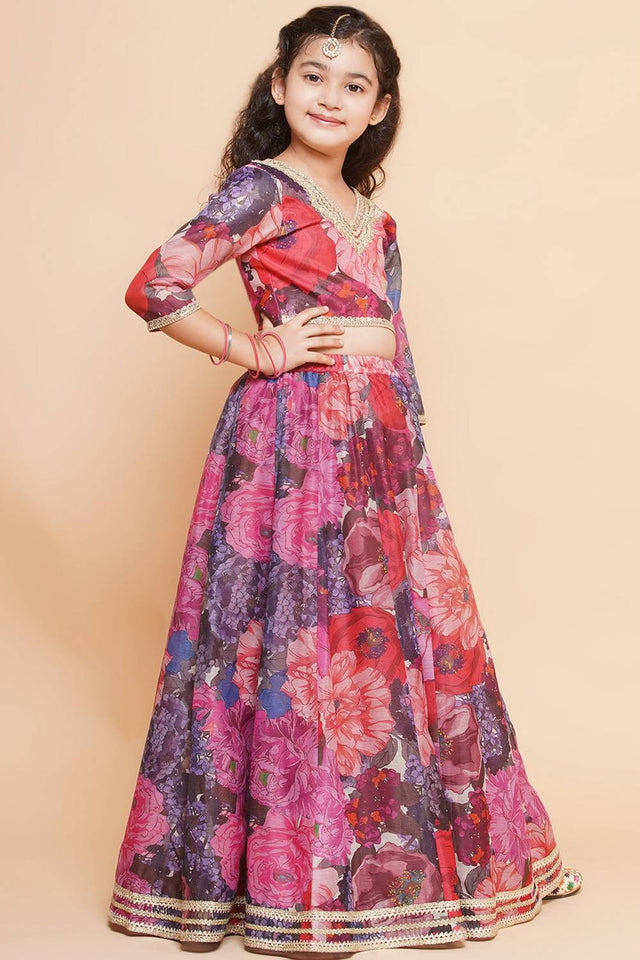 Girl's Violet Floral Printed Silk Lehenga