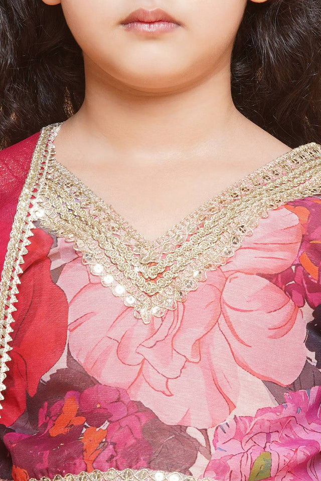 Girl's Violet Floral Printed Silk Lehenga