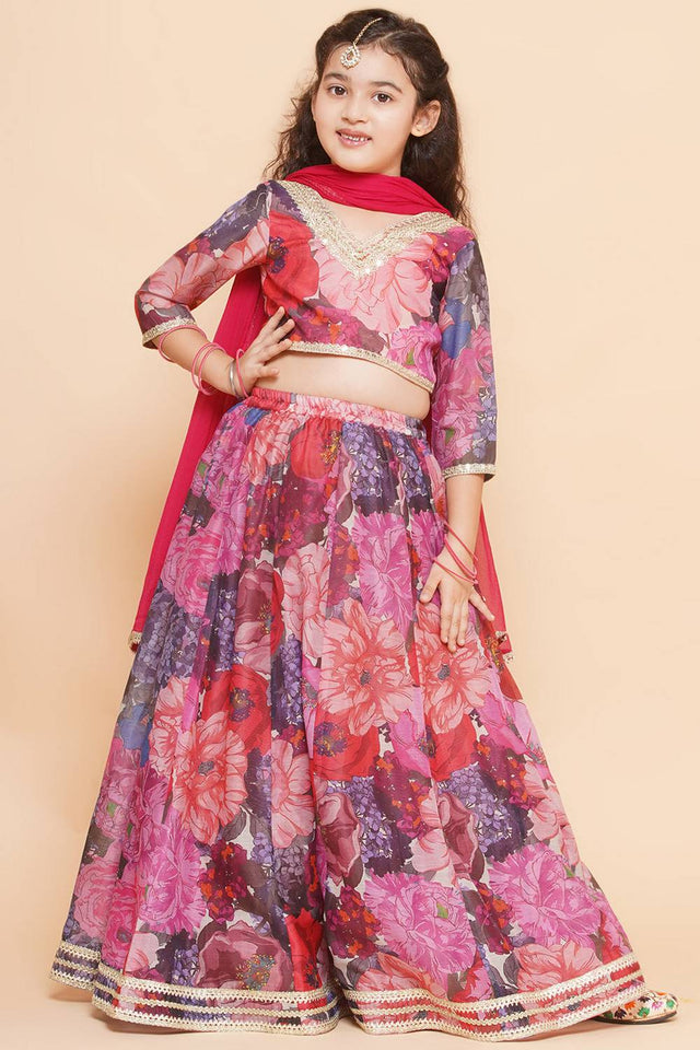 Girl's Violet Floral Printed Silk Lehenga