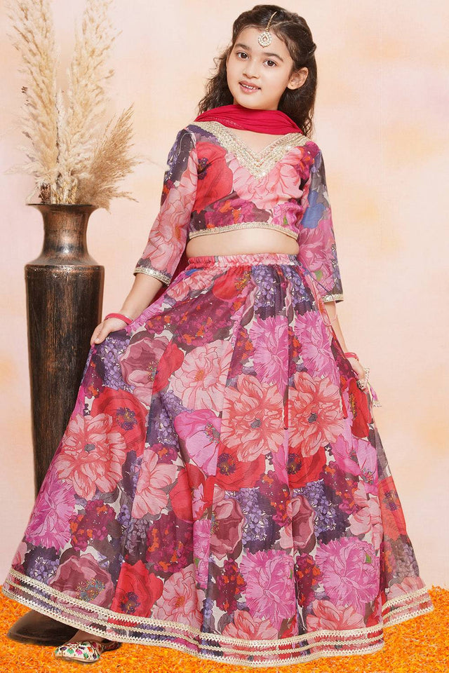 Girl's Violet Floral Printed Silk Lehenga