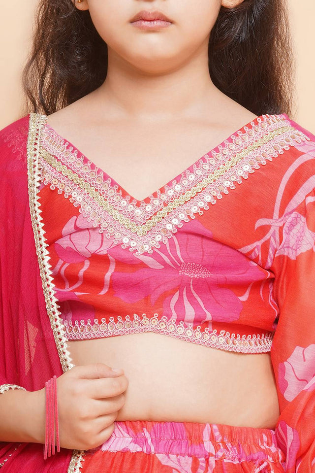 Girl's Red Floral Printed Silk Lehenga
