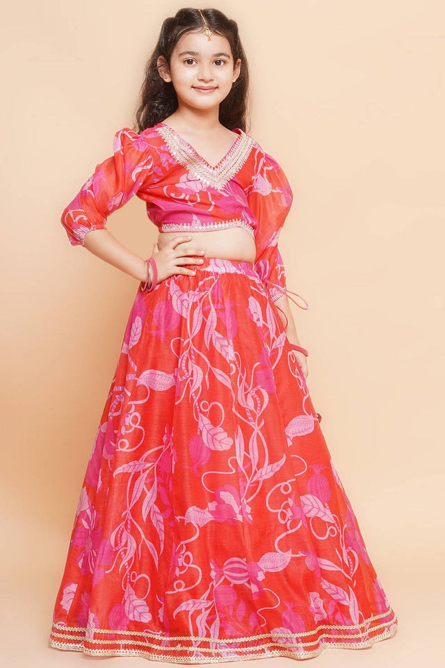 Girl's Red Floral Printed Silk Lehenga