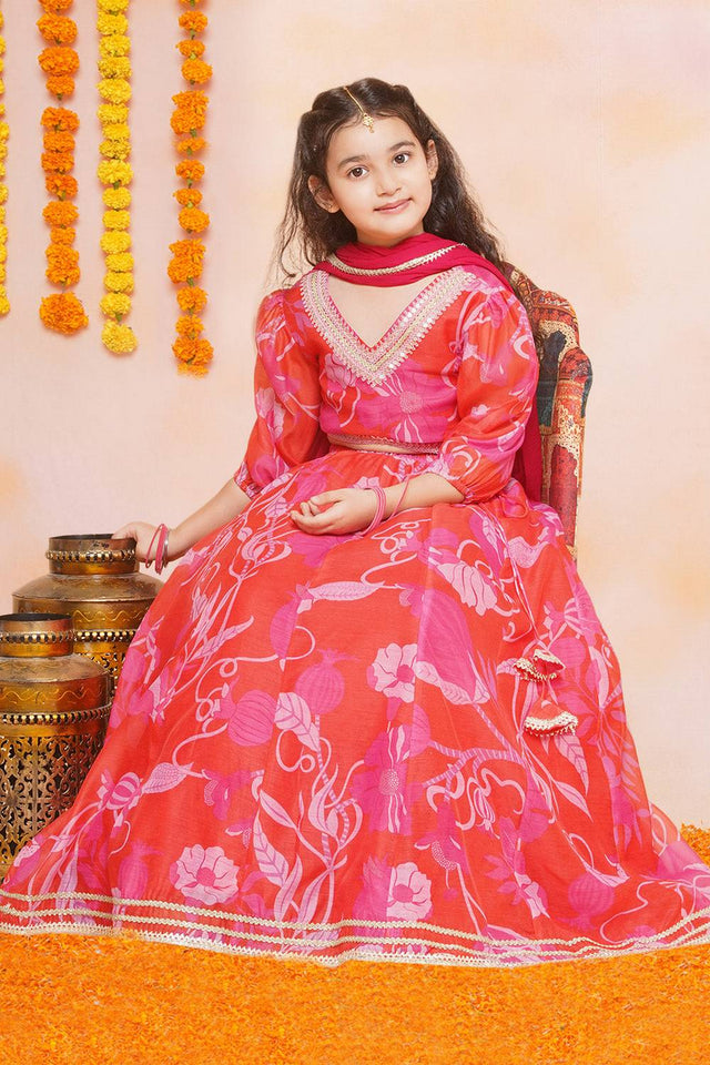 Girl's Red Floral Printed Silk Lehenga